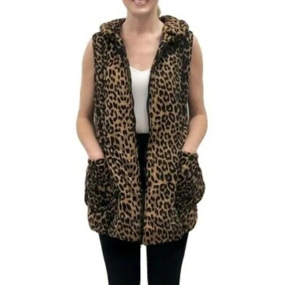LOVE TOKEN Leopard Animal Print Full Zip Long Lined Vest Pockets Polyester Sze S